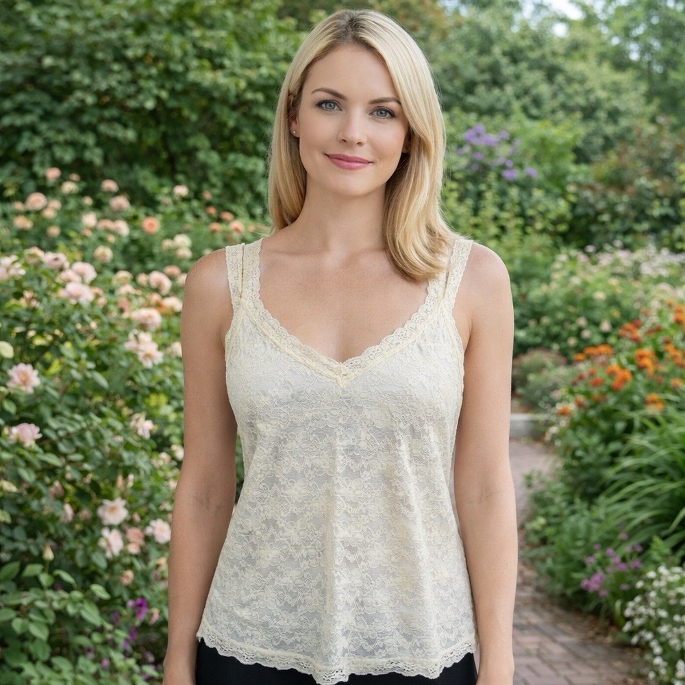 Y2K Apostrophe Ivory Floral Lace Sheer Babydoll Tank‎ Ethereal Cottagecore XL
